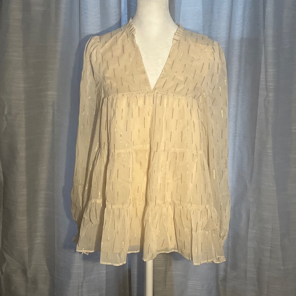 Joy Joy Cream V-Neck Blouse with Textured Detail